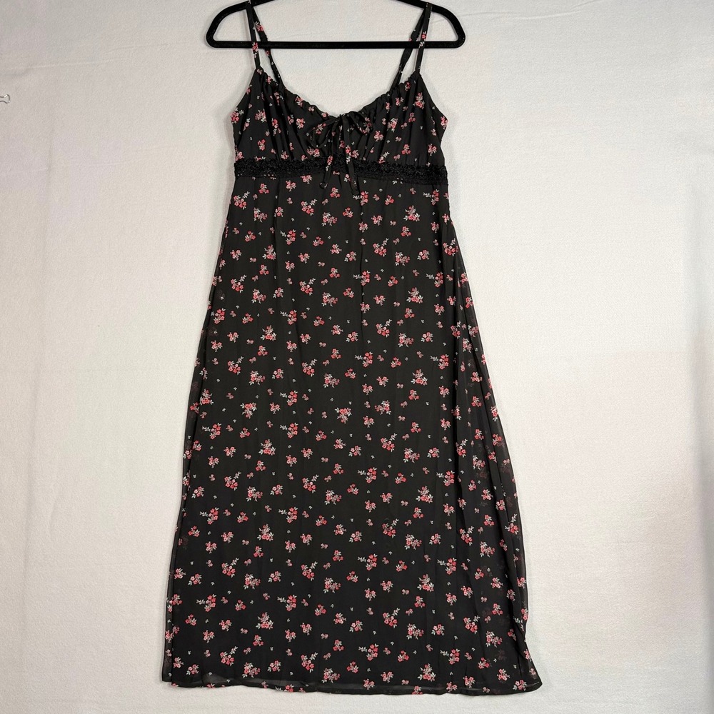 Whimsigoth Floral Babydoll Midi Dress M Black Chiffon Lace Smocked Coquette Y2K